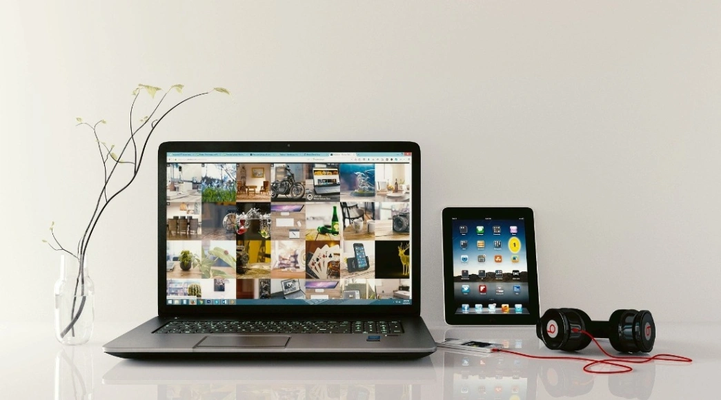 Laptop surfplatta hörlurar och en liten vas med en grön växt
