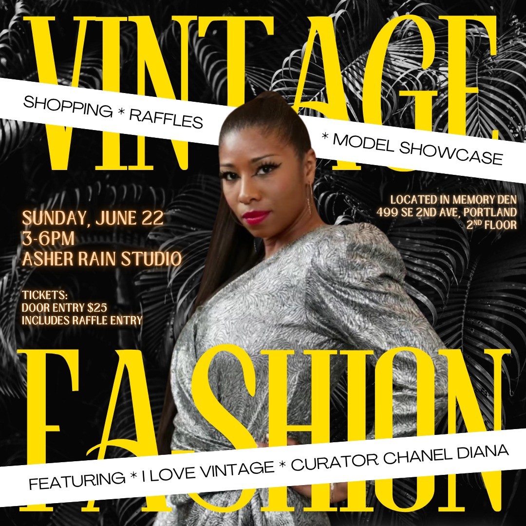a person stands in a silver dress looking like the cover of a magazine with text describing the event 