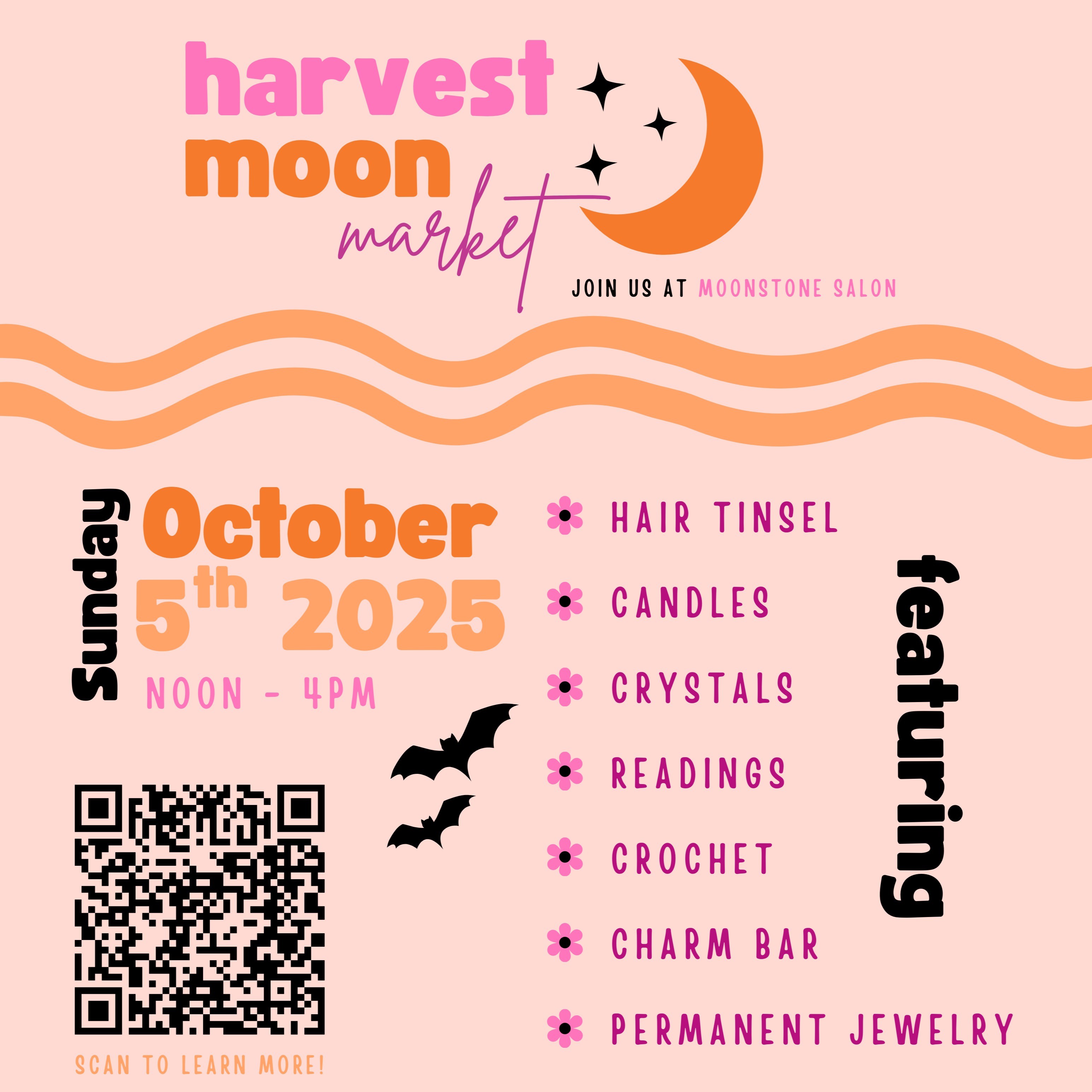 light pink cover photo for Harvest Moon Market event with lpink and orange event name logo featuring moon and three stars and detailing that date of event will take place sunday october 5th from noon to far. Flower bullet points with featured makers including hair tinsel, candles, crystals, readings, crochet, charm bar, permanent jewelry. 