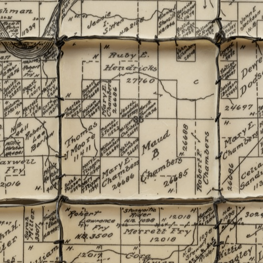 A detail of Old Homeplace, a diptych by Brenda Mallory which looks about the land plots of the 1887 Dawes Allotment