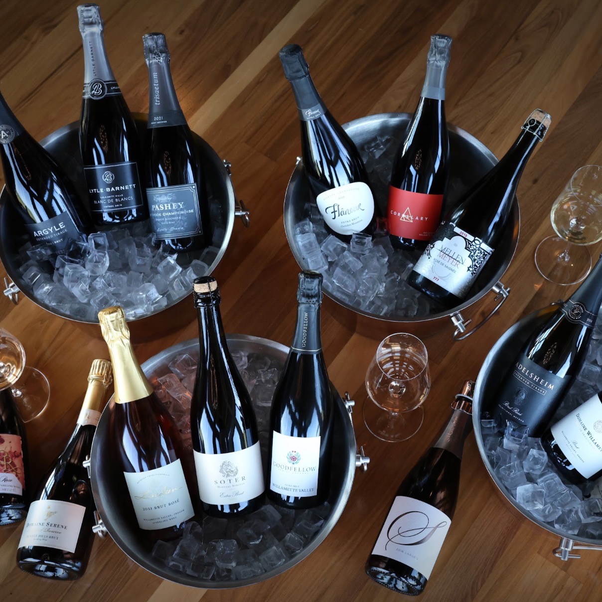 Sparkling wine bottles from producers at Method Oregon