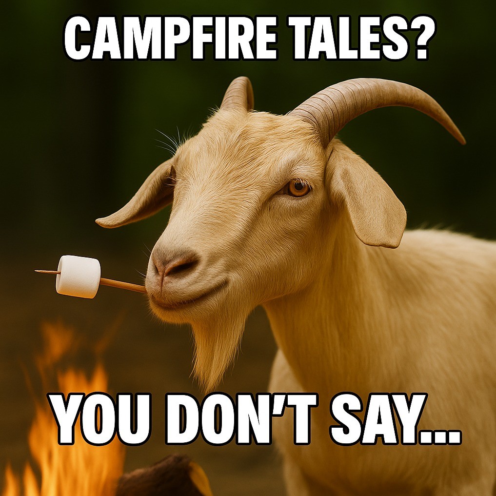 a goat with a marshmallow on a stick in its mouth