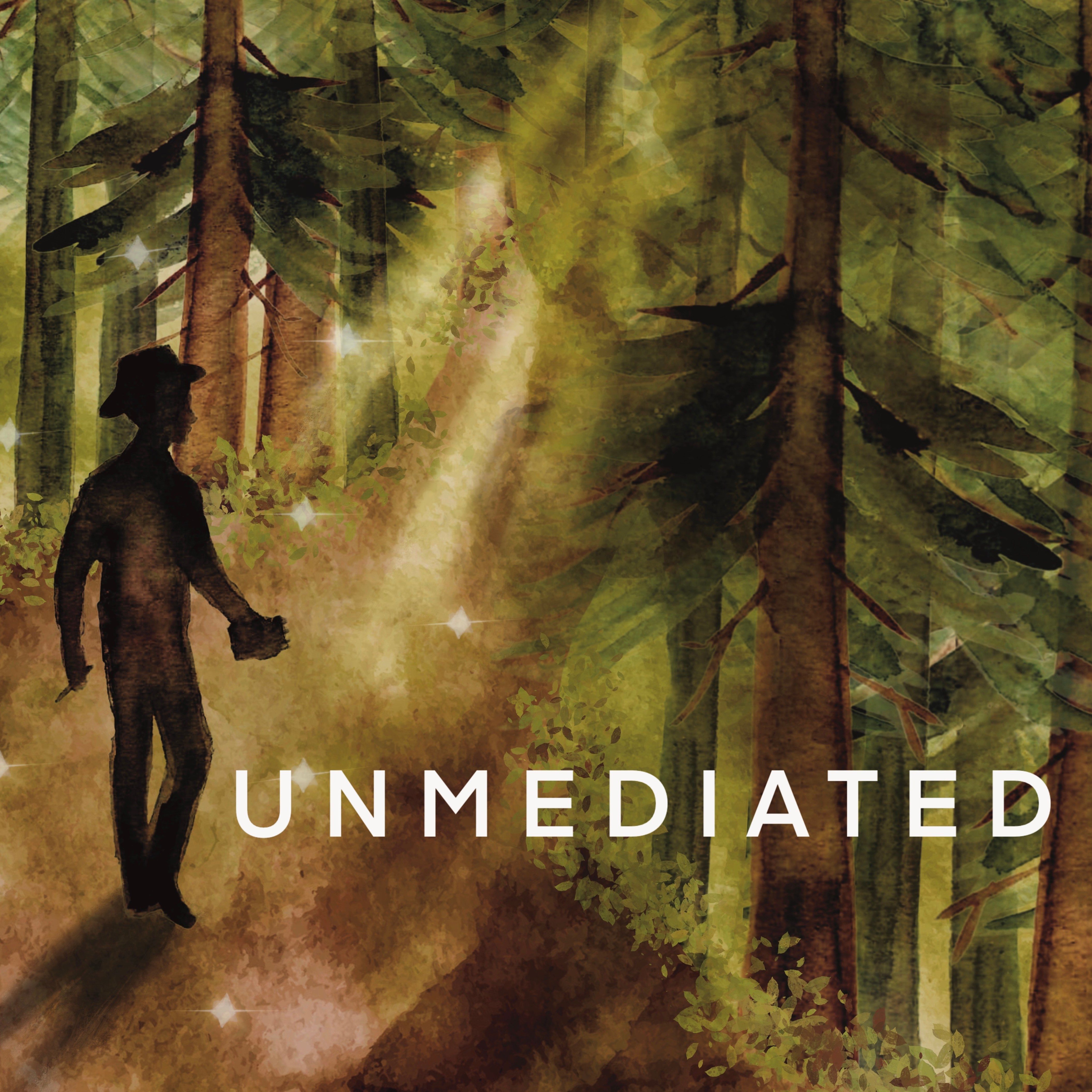 A silhouette of a reporter figure steps into a dark forest with gleaming light in this watercolor image.