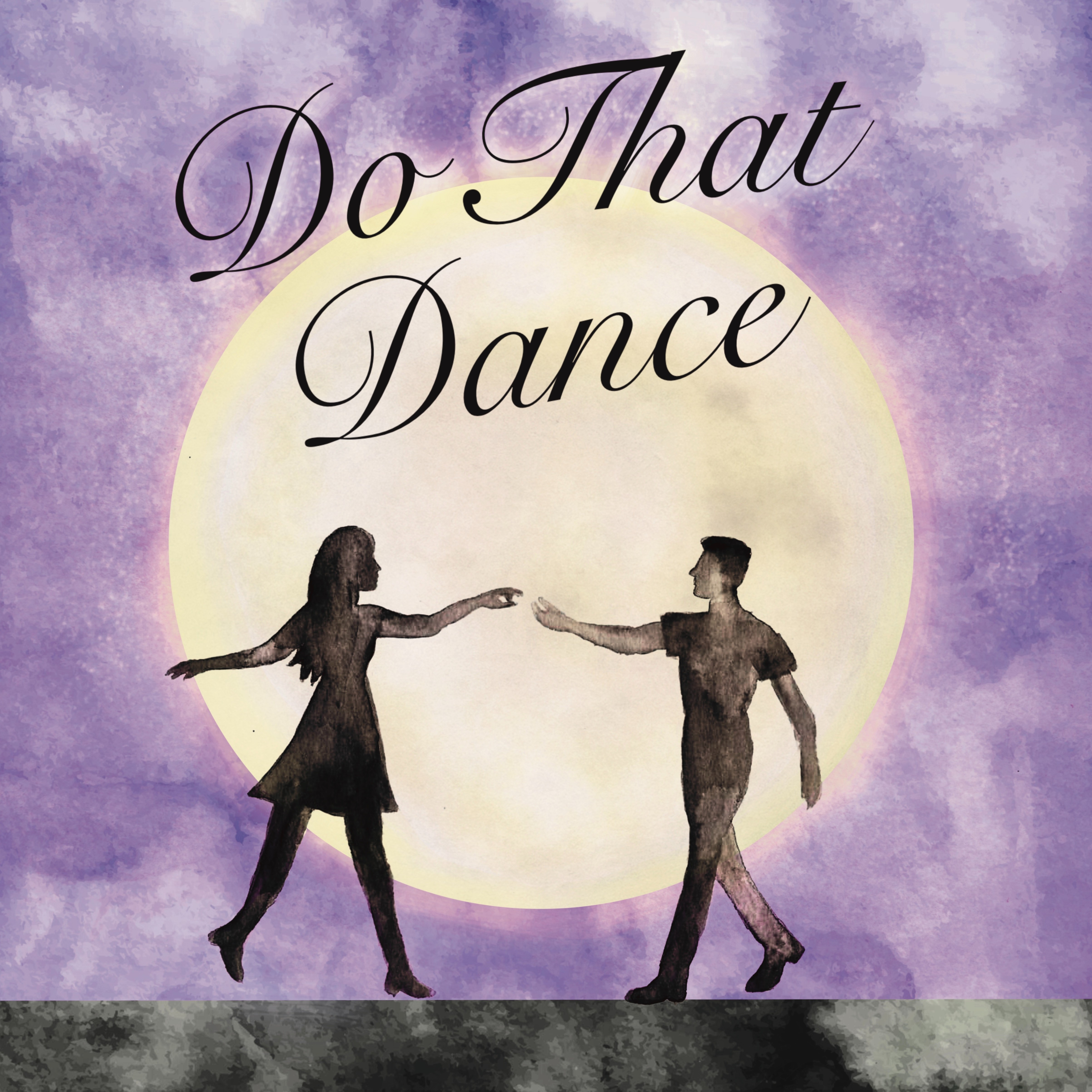 A woman and a man in silhouette dance backlit by an enormous moon in this watercolor image.