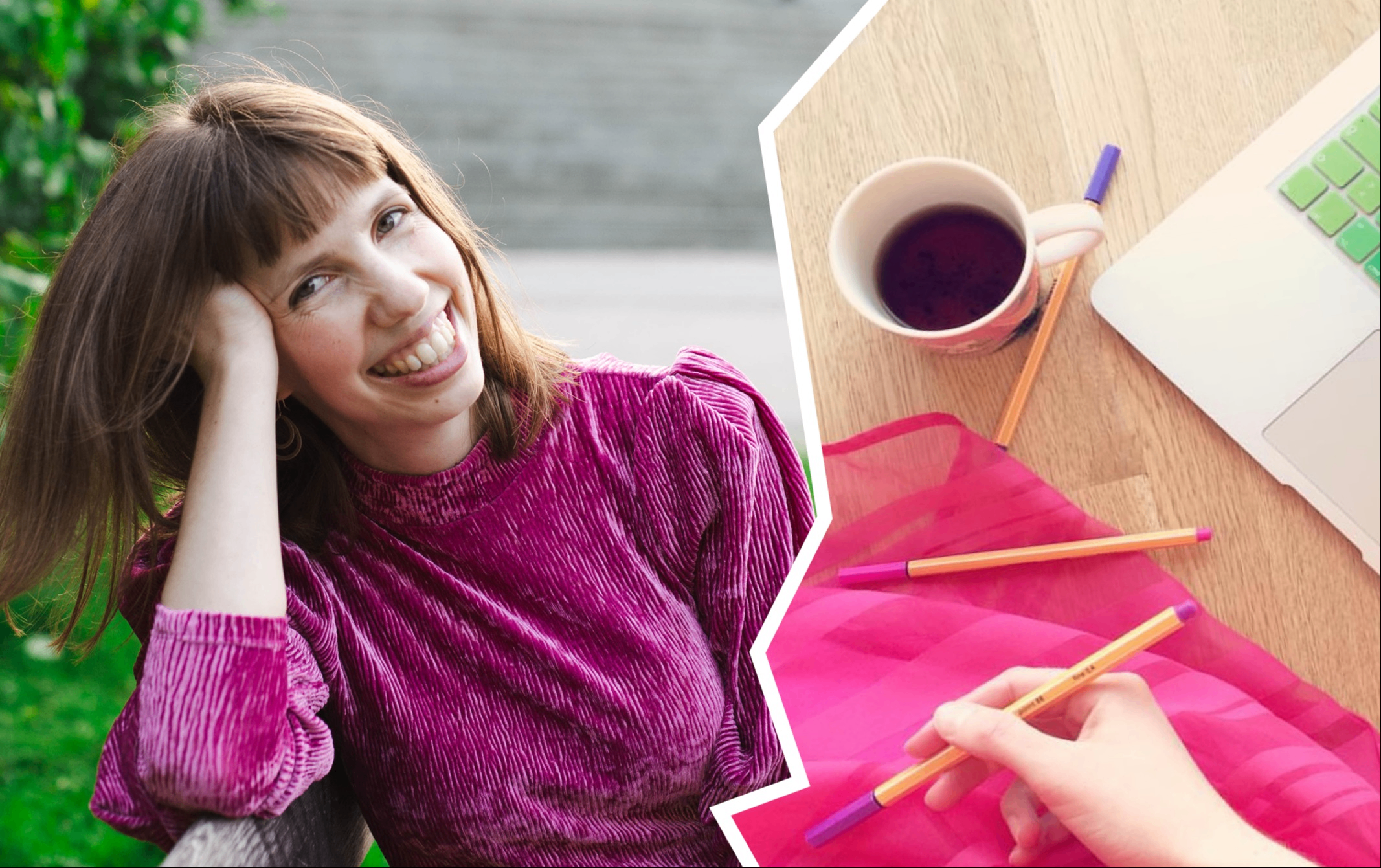 Författare Anna Ahlund och en bild på en dator och en hand som håller i en penna.