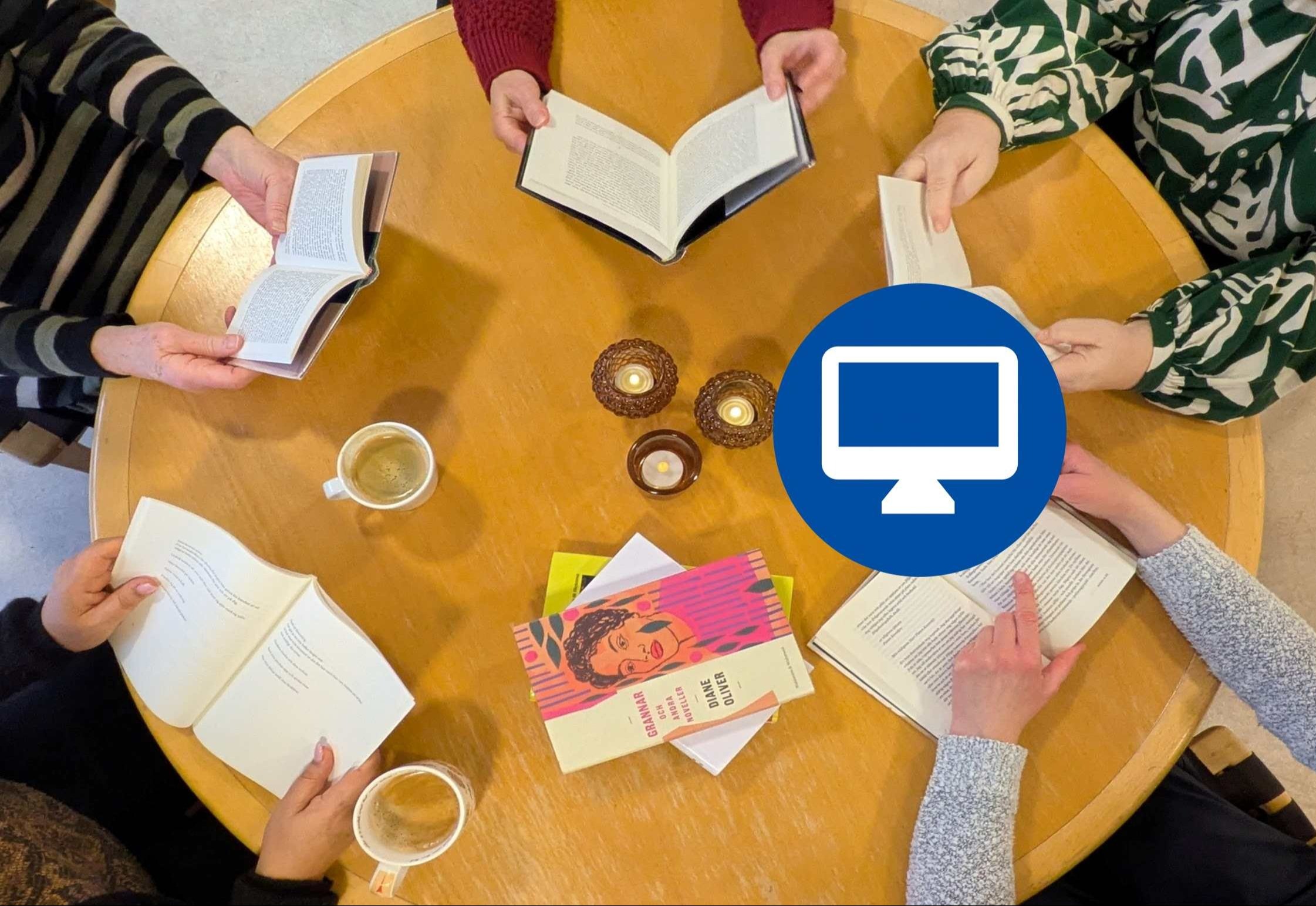 Personer som sitter runt ett bord med texter framför sig samt en symbol för dator