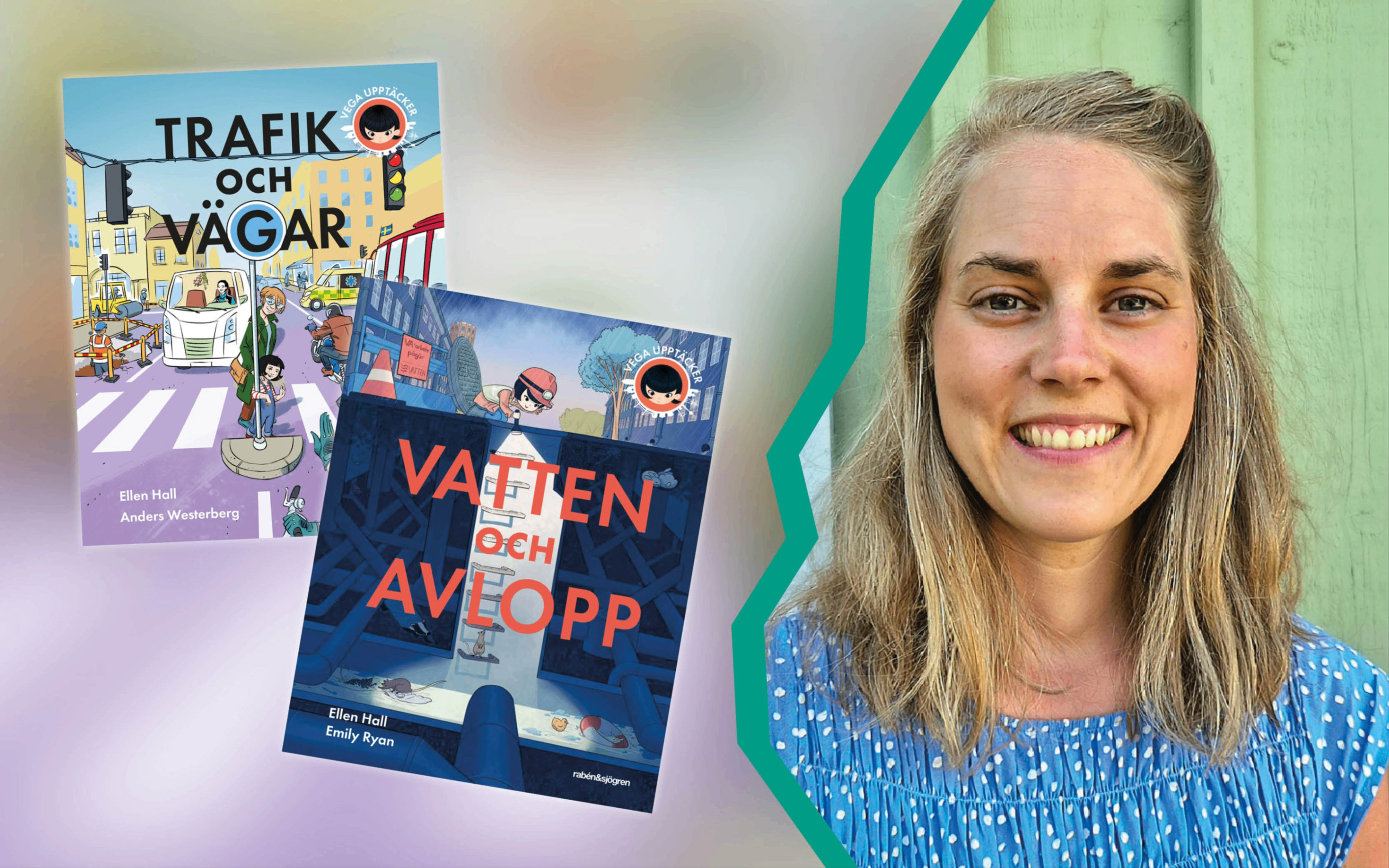 Bild på Ellen Hall och två av hennes böcker.