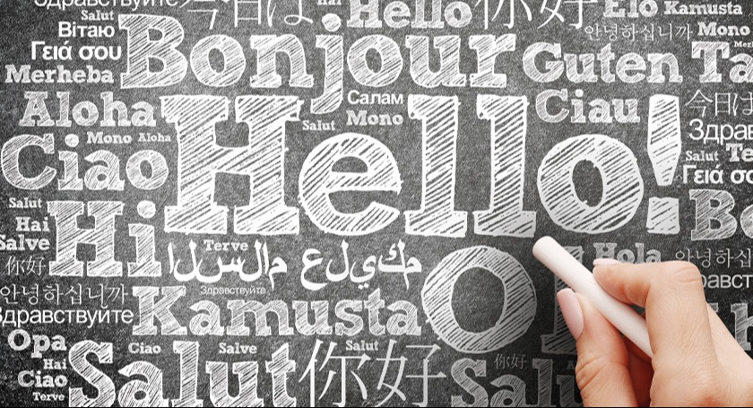 Bilden föreställer ordet "Hej" på olika språk.