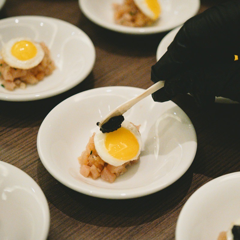 Albacore Tuna with quail egg, caviar and dulce seaweed.