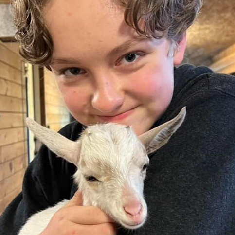 a kid hugging a baby goat