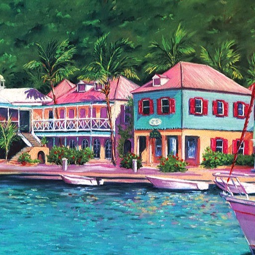 a painting of houses by water