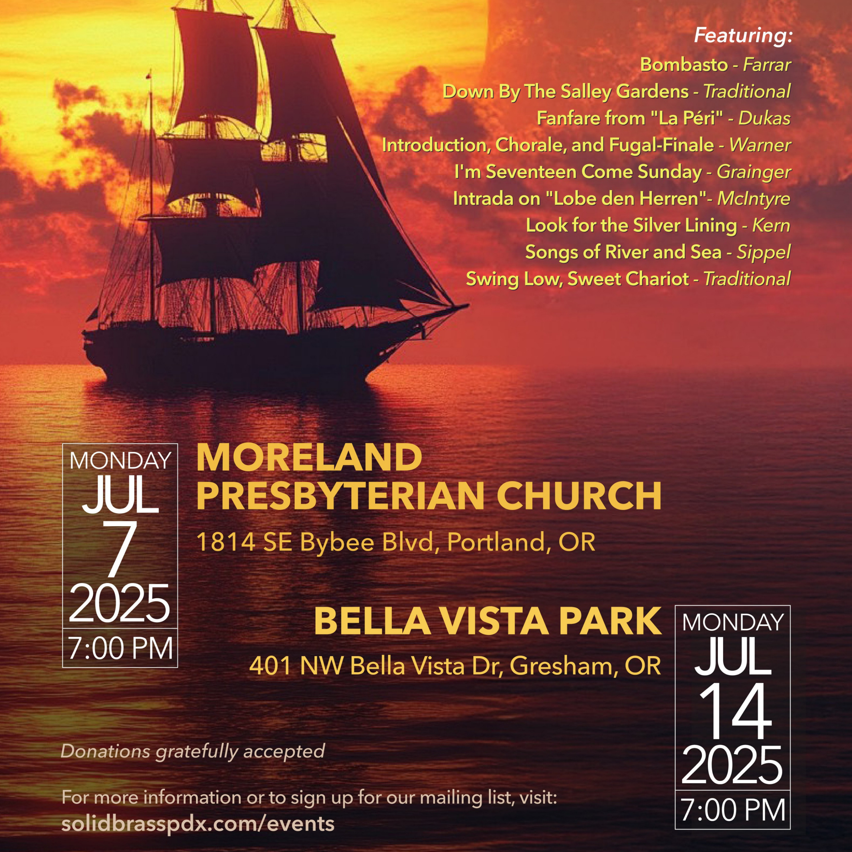 image of a sailing ship in the sunset with title of event in text above