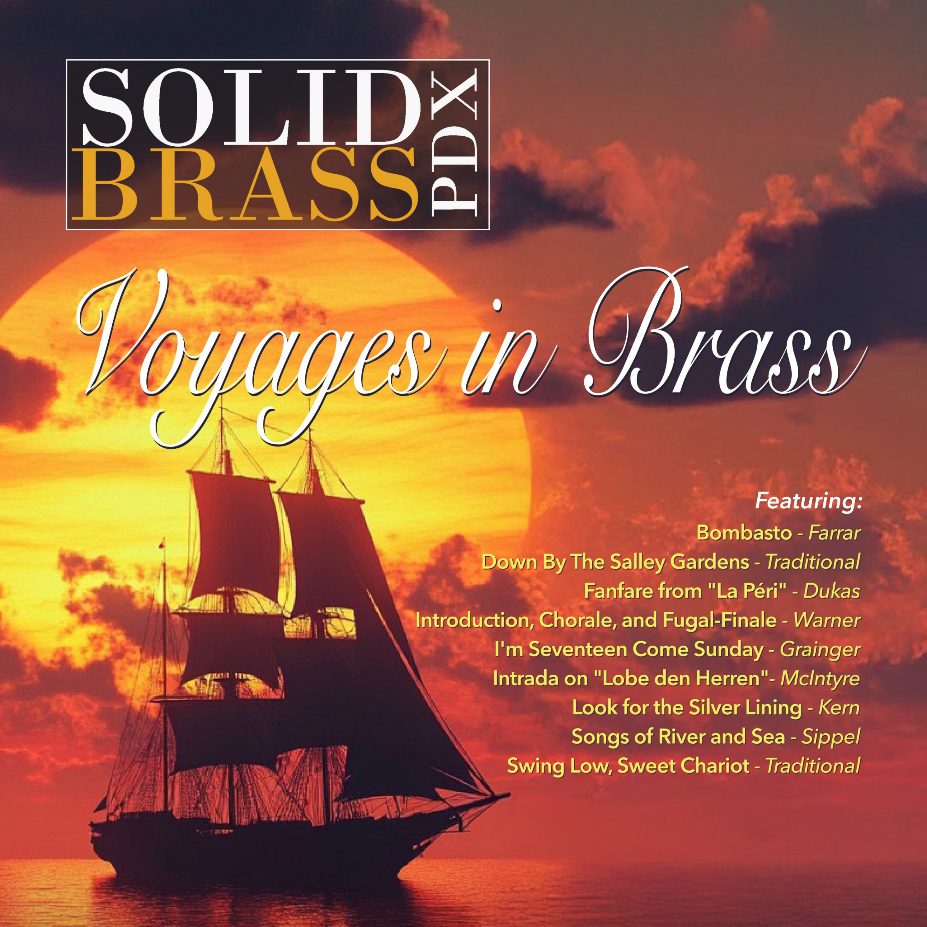 image of a sailing ship in the sunset with title of event in text above