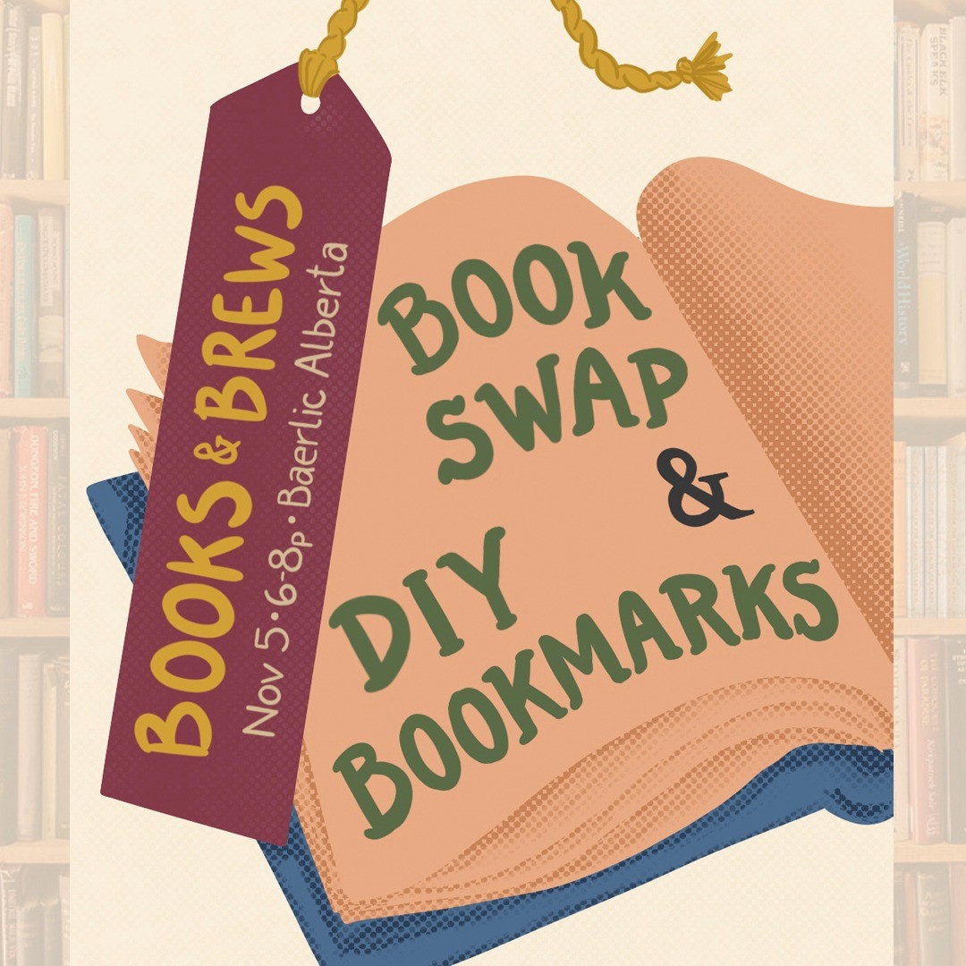 Image of an open book with a bookmark that says Books & Brews: Book Swap & DIY Bookmarks