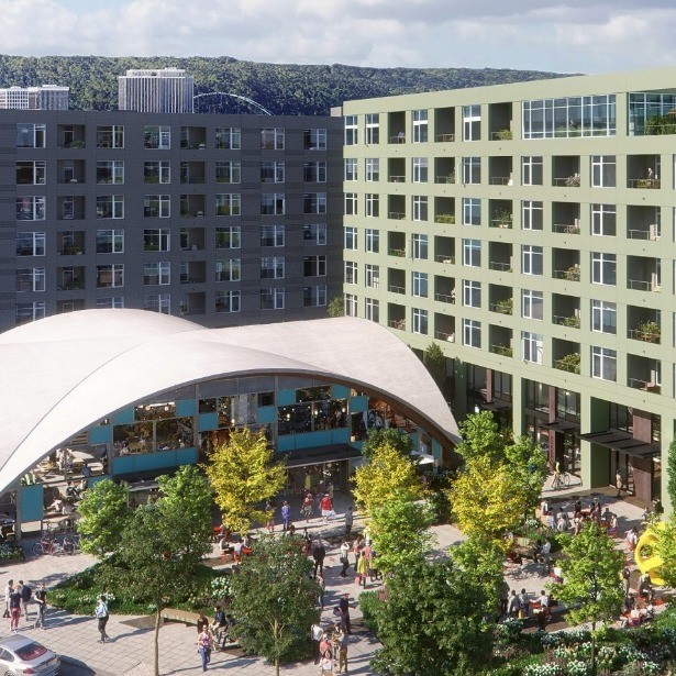 apartment buildings with a canopy over a courtyard