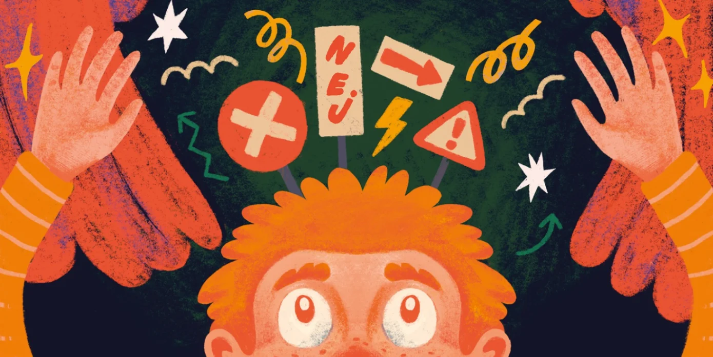 Tecknad bild i orange färger beskrivande en clown