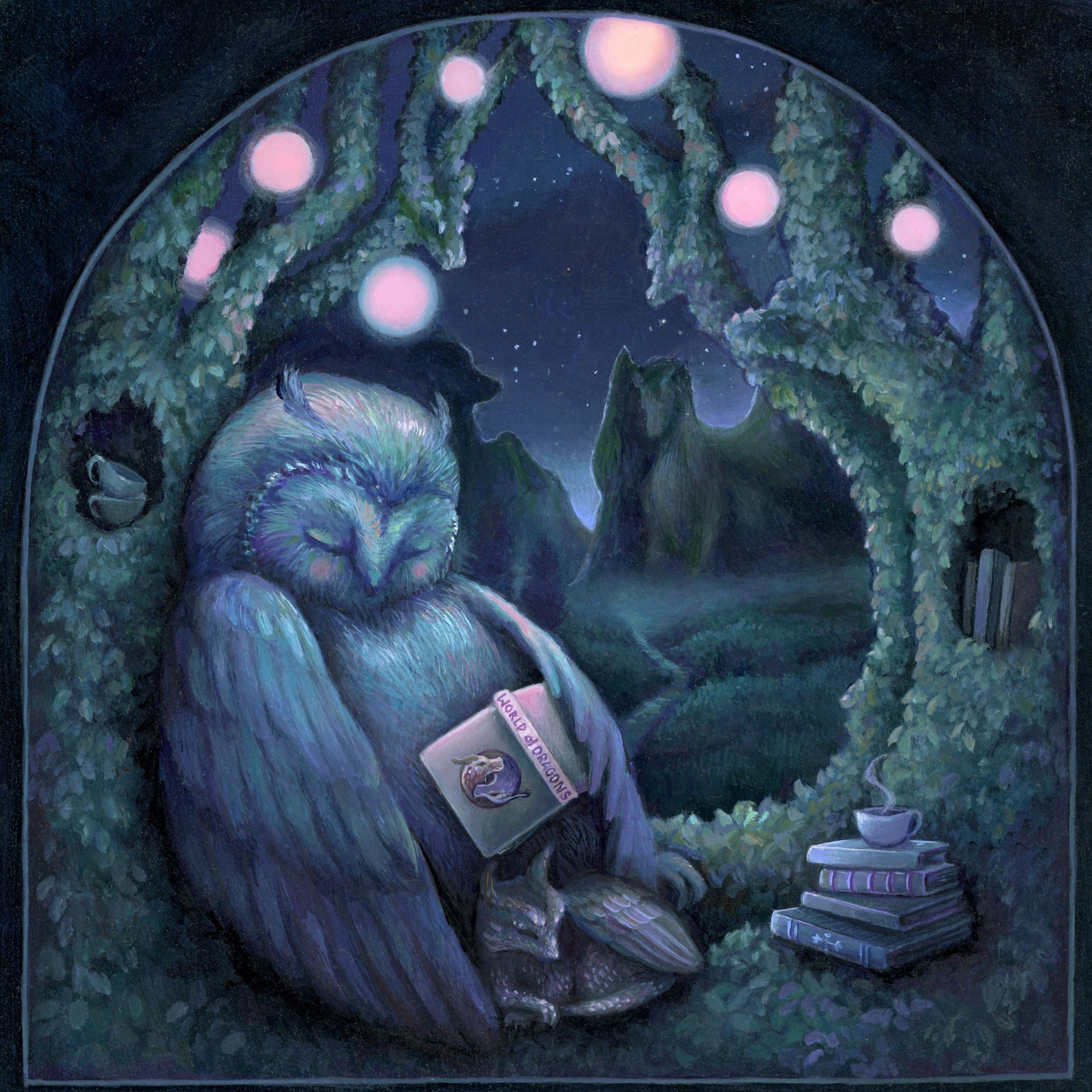 painting of an owl and small dragon sleeping with a book open on the owl's lap