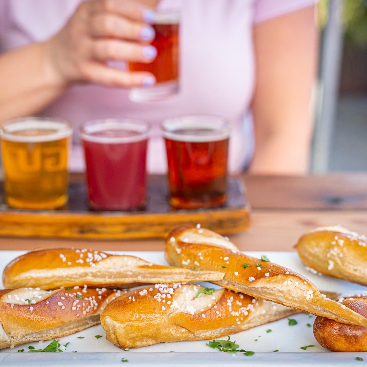 Beer and pretzels on Portland Food Cart Tour 