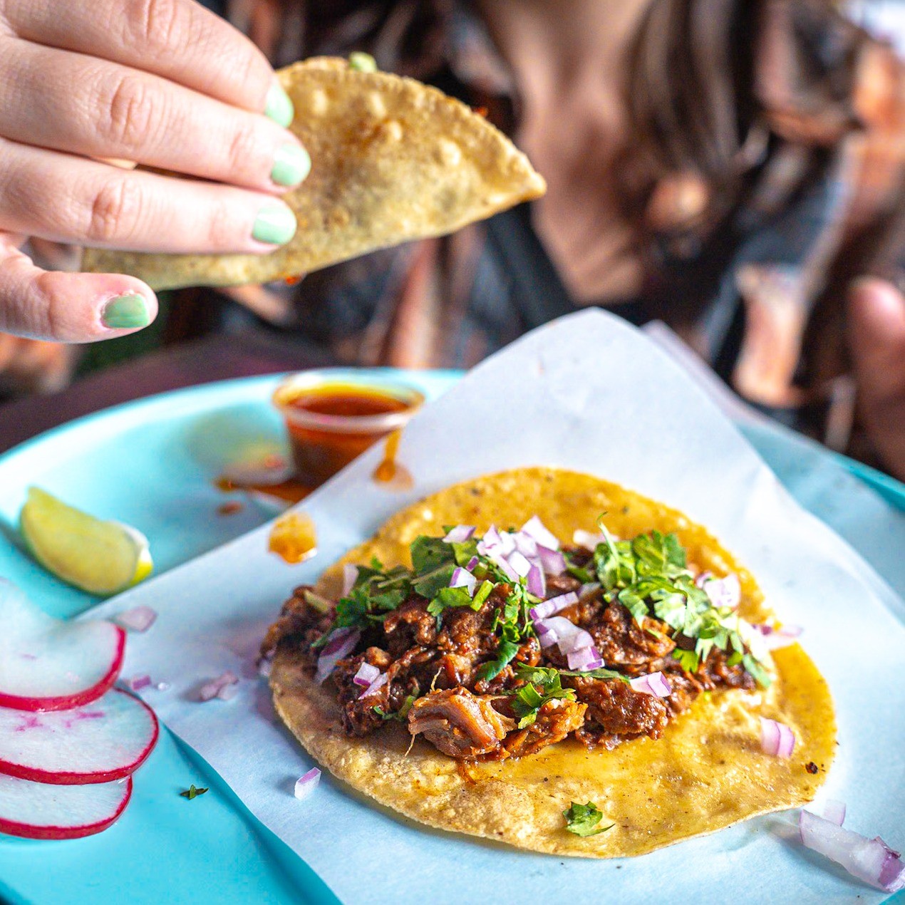 Birria taco on Portland Food Cart Tour