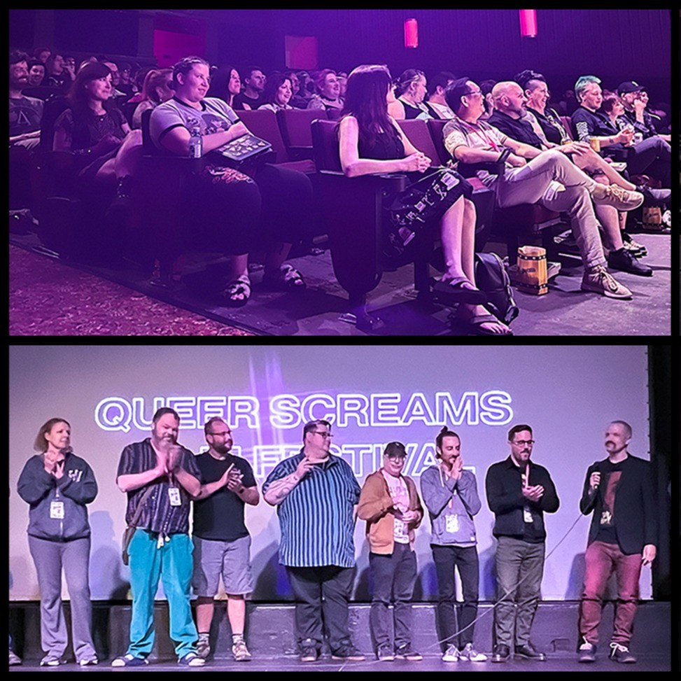 image of audience in seats above an image of speakers on stage