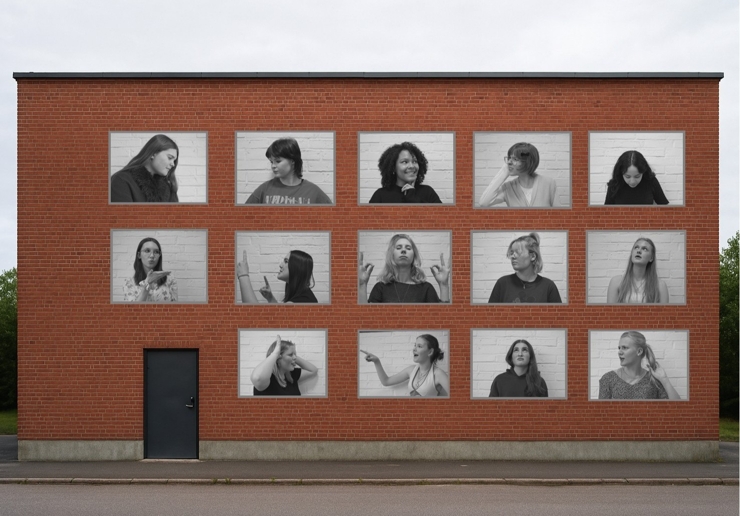 Bilden visar ett kvadratiskt rött tegelhus som innehåller 14 rutor med bilder på föreställningens skådespelare. 