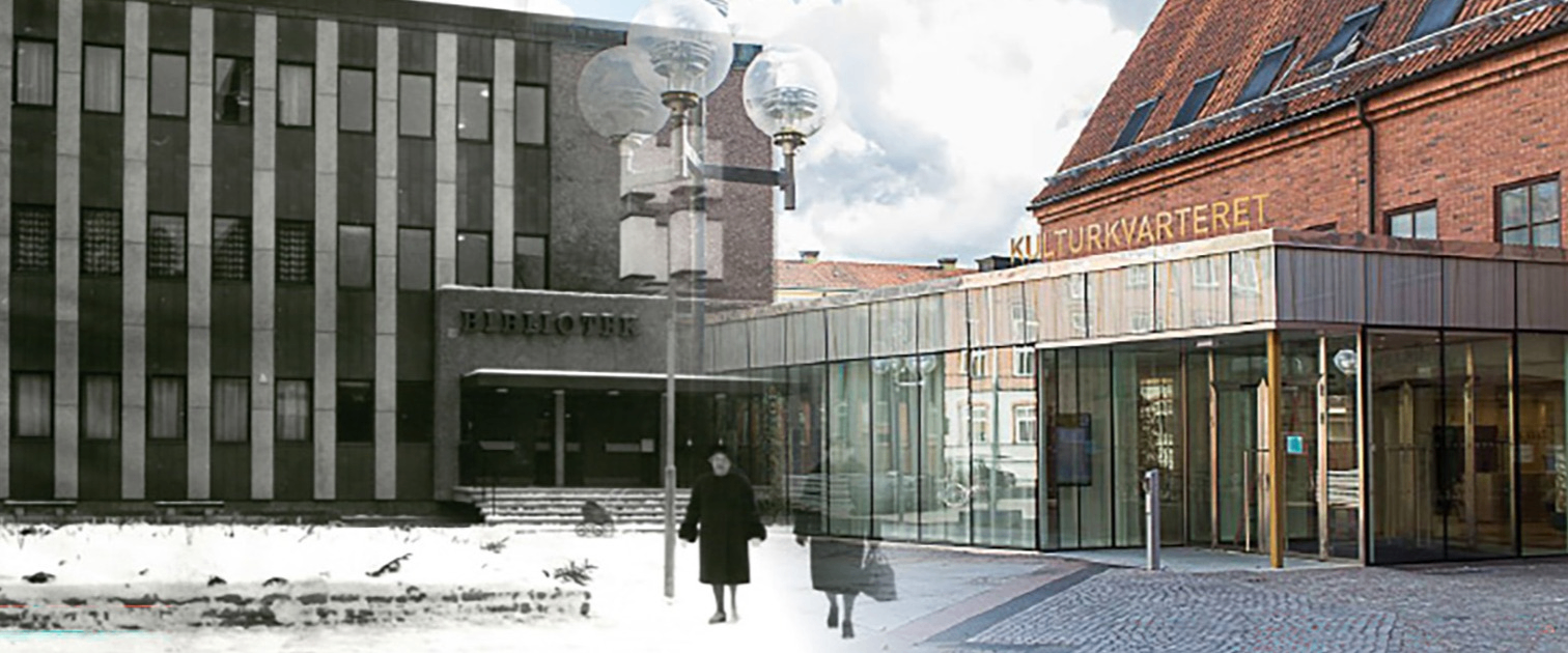 Ett bildkollage som visar en byggnad från två olika tidsepoker