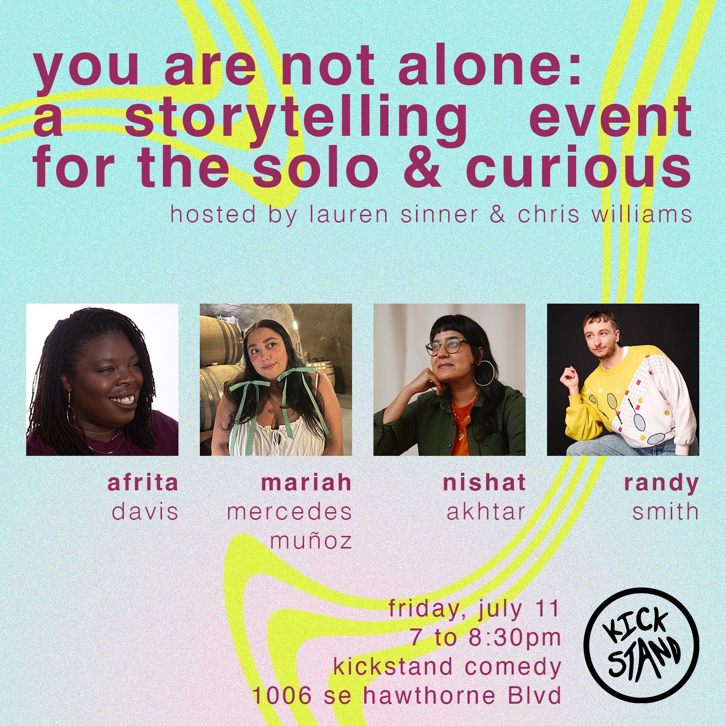 event poster with pictures of people in boxes under text and title