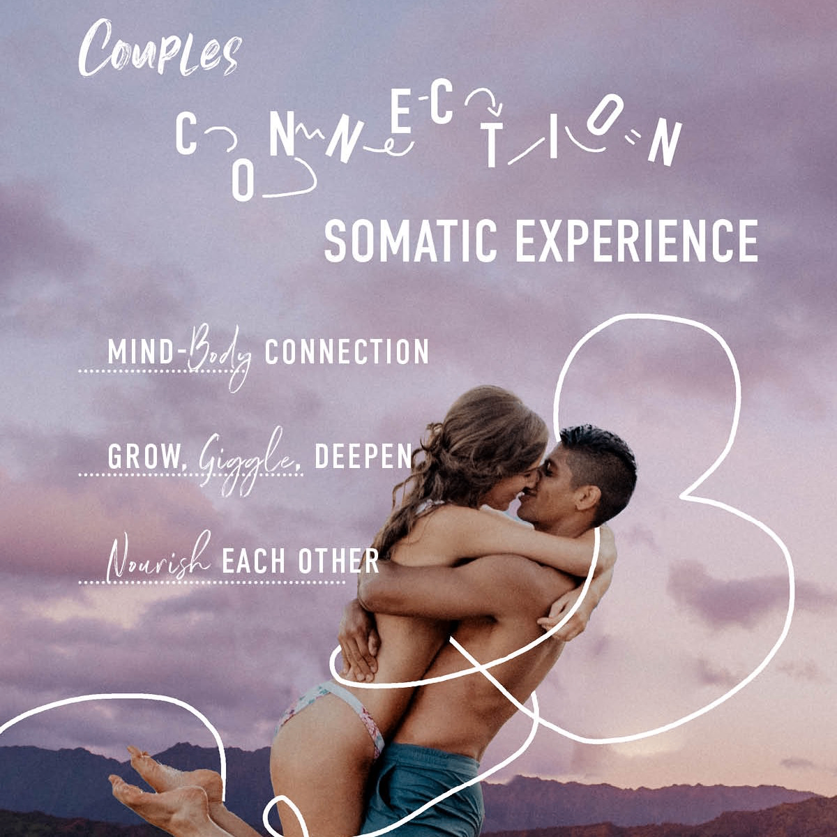 couples connection somatic experience mind-body connection, grow, giggle, deepen, nourish each other, couple hugging after swimming nearly kissing at sunset