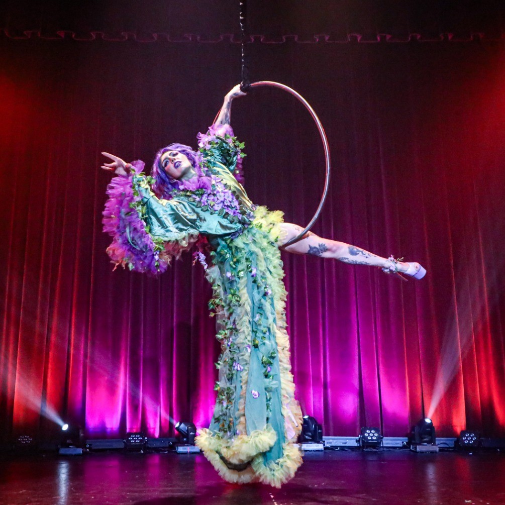 a person in a lavish costume swings on a loop