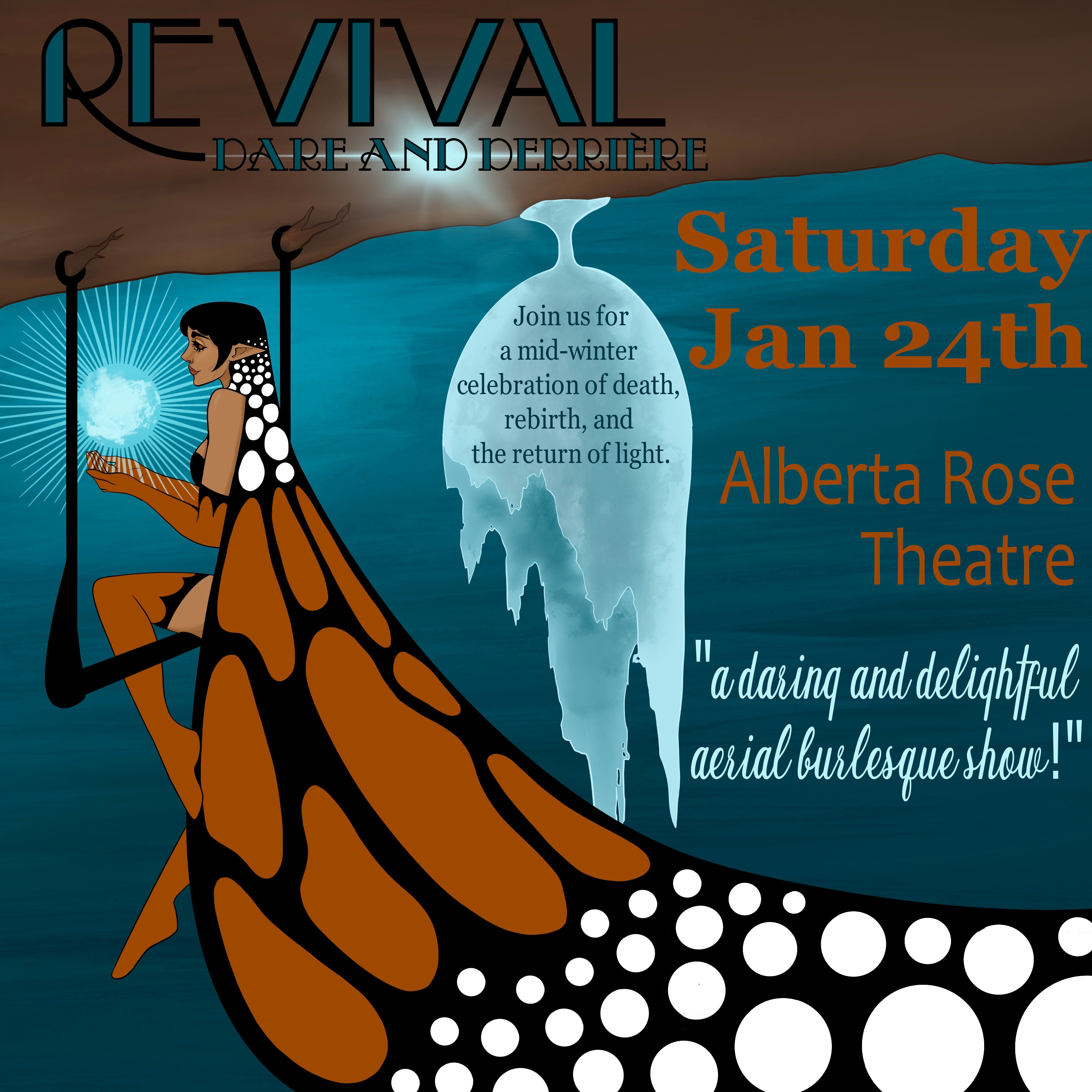 dare and derriere aerial burlesque show poster for Revival at Alberta Rose Theatre on January 24th 2026