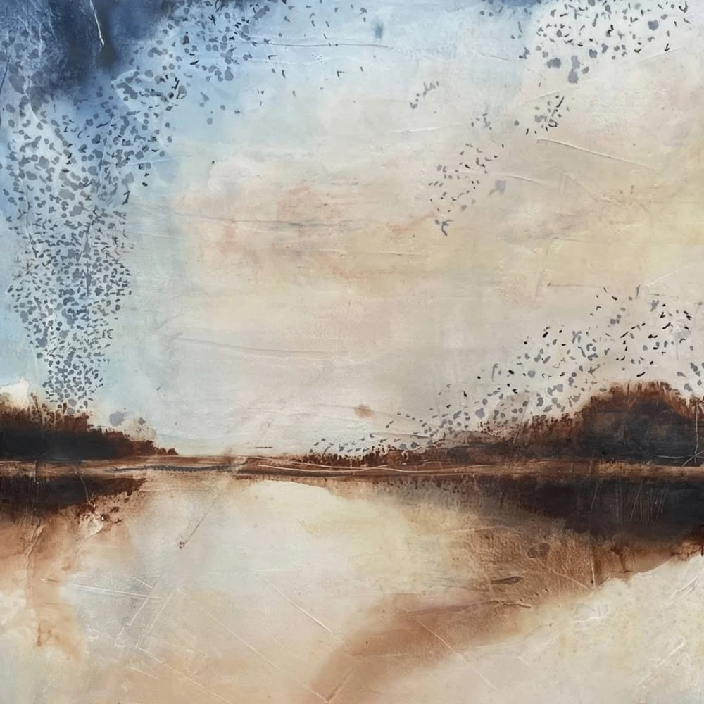 a painting of water and birds flying above