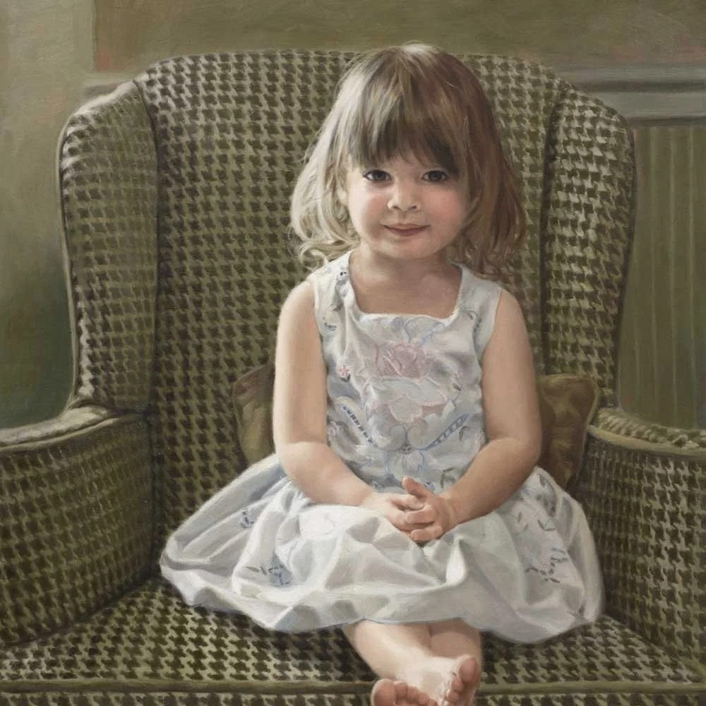 a painting of a little girl on a big chair