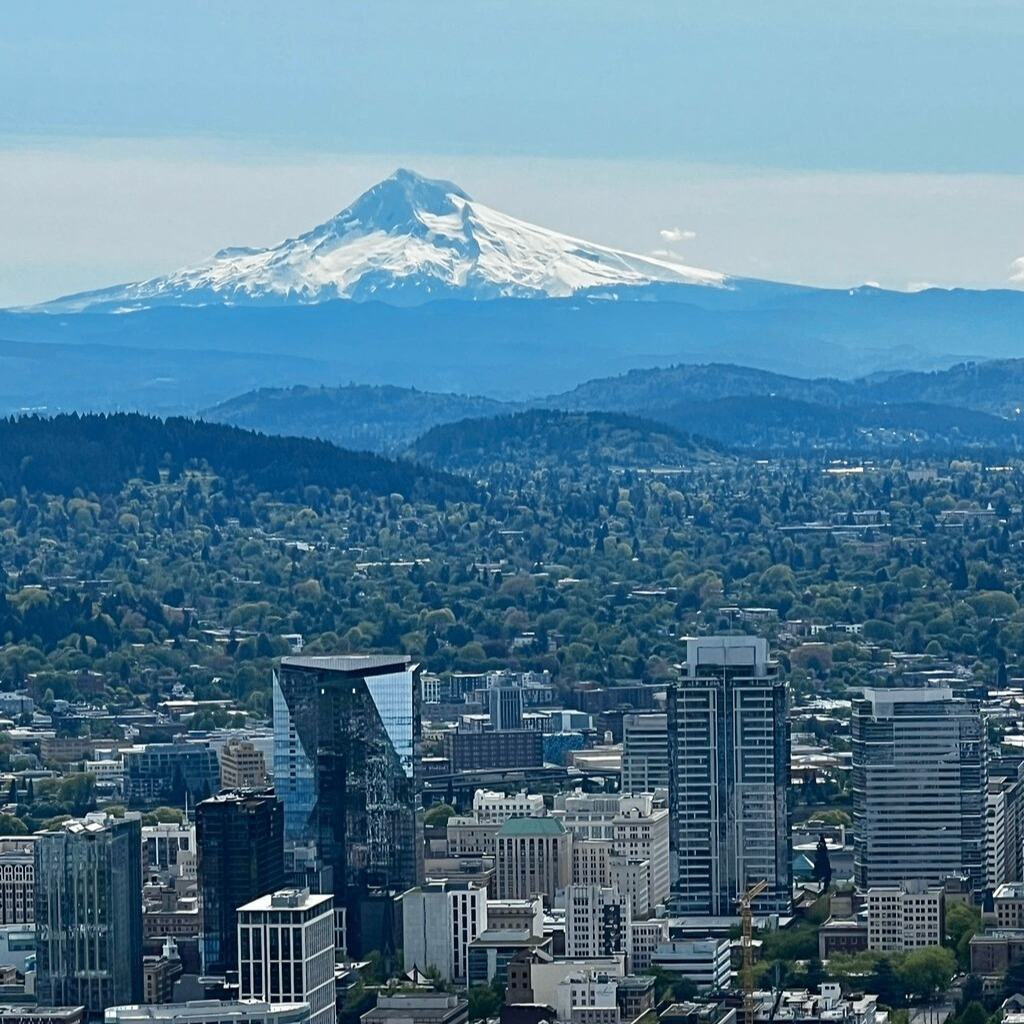 city scape view of Portland with Mt. Hood in the background