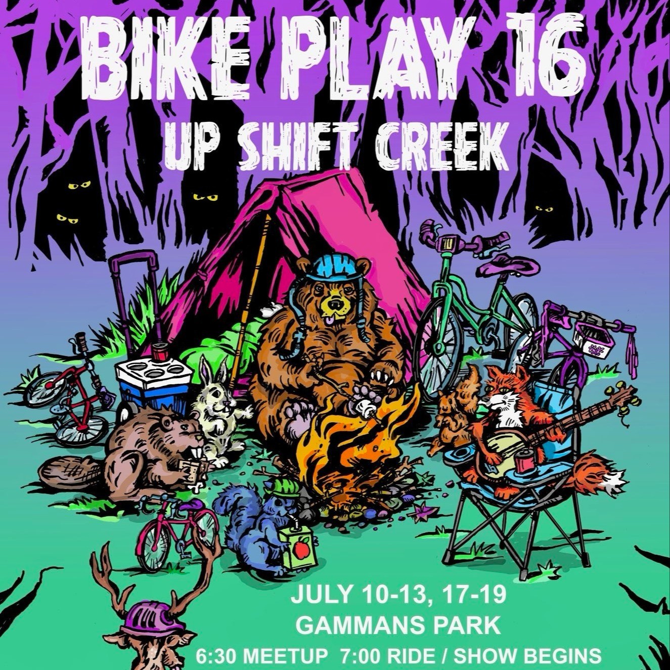 event poster of a cartoon bear roasting marshmallows with a beaver, rabbit and a fox
