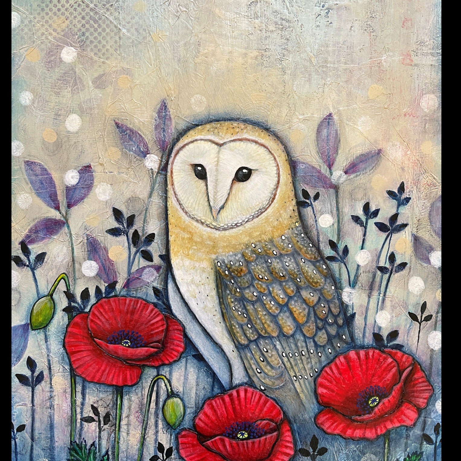 a painting of an owl and poppies