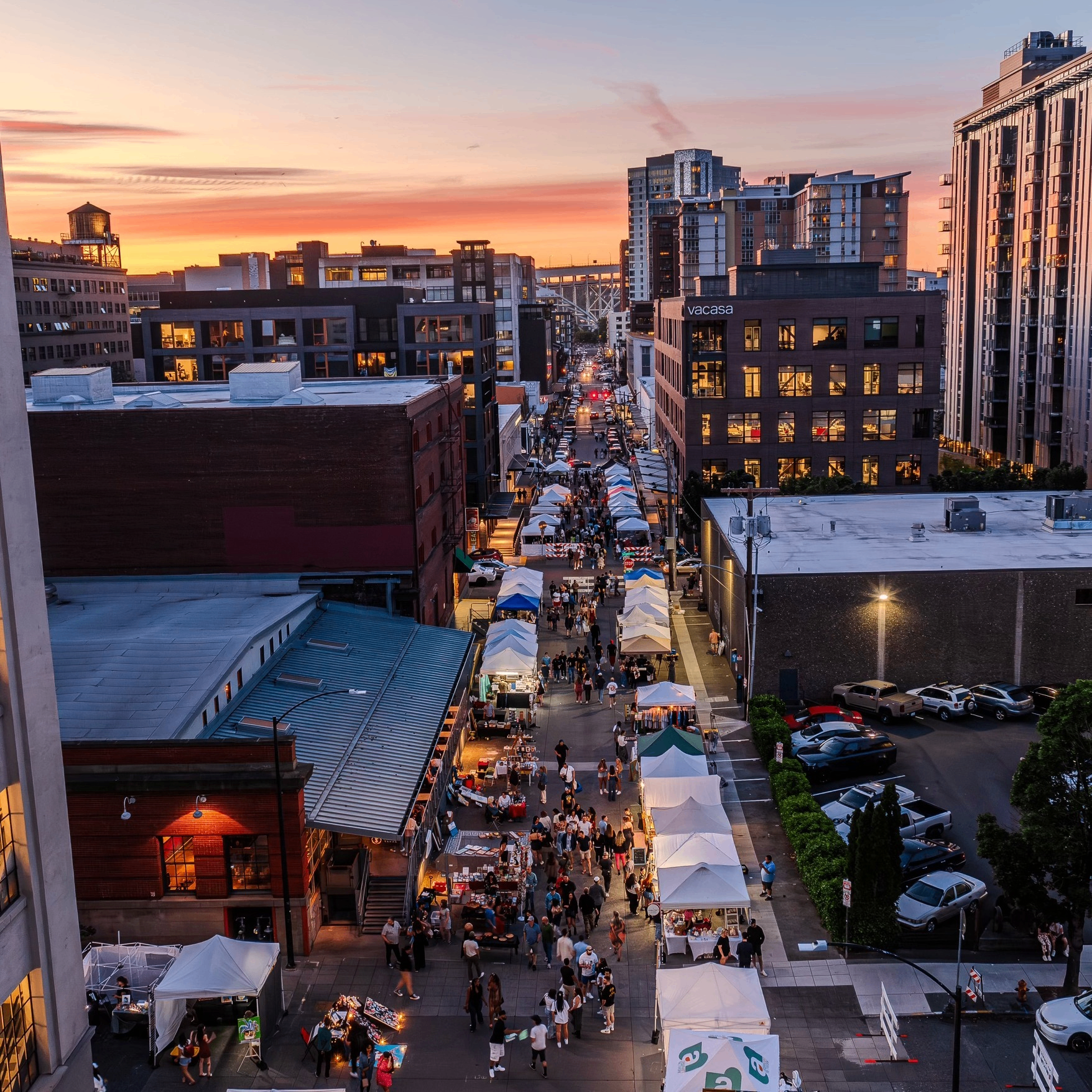 aerial view of out door market at sunset