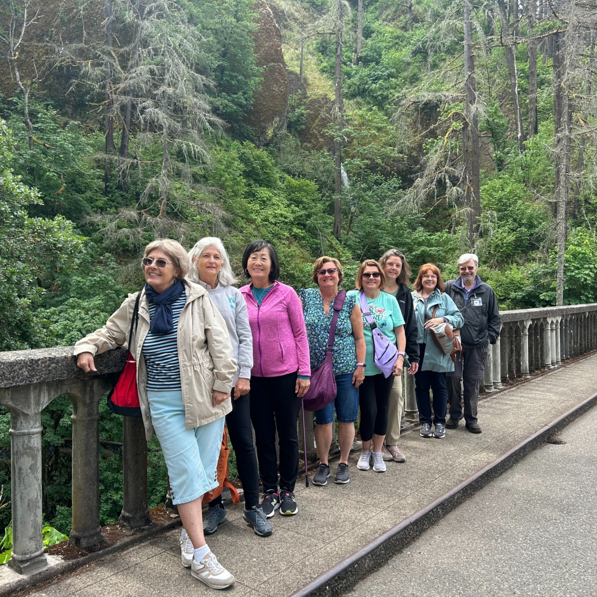 tourists lined on a bridge in front of a forest