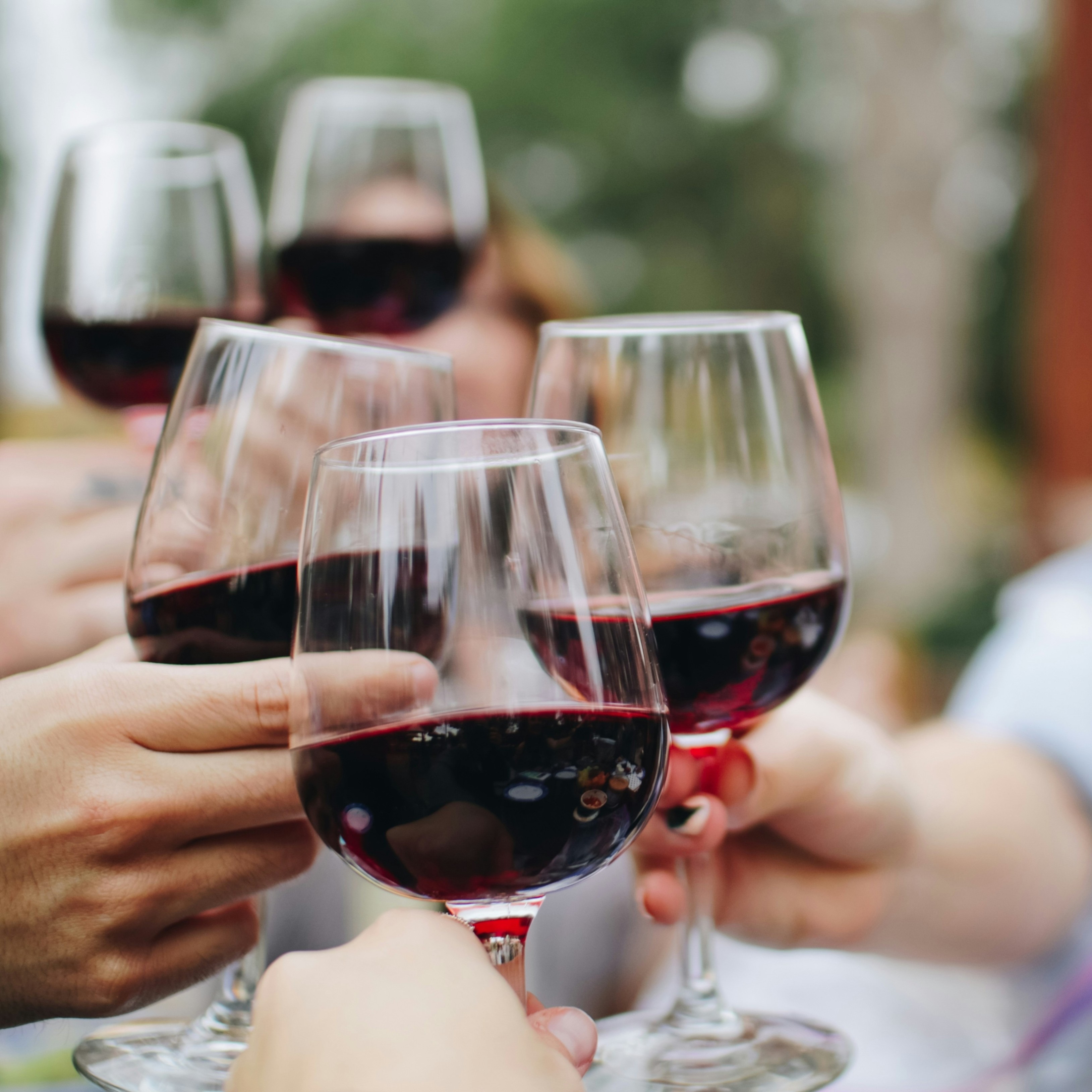 wine glasses raised in cheers
