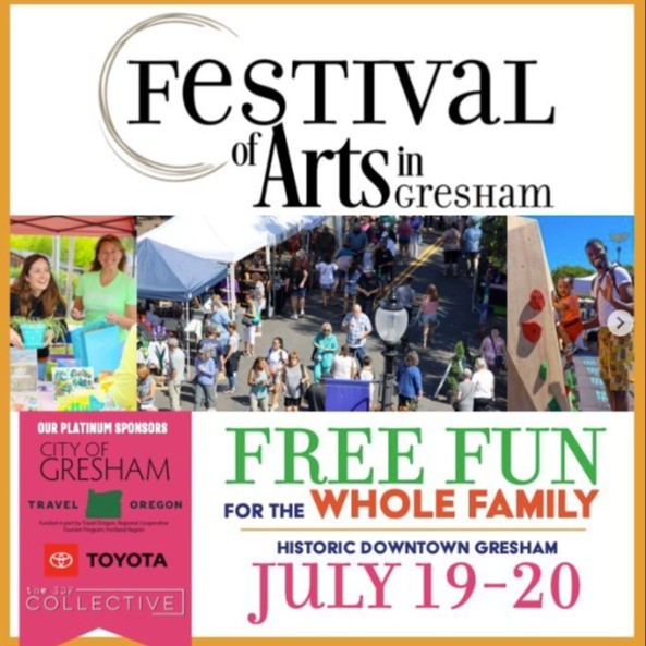 poster for arts festival with details in text and an image of booths and shoppers