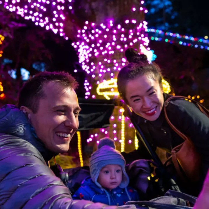 a family taking a photo in front of colorful winter light display