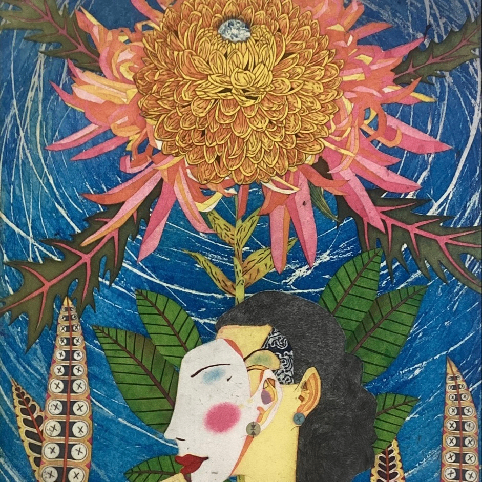 art piece depicting a flower and a face with a mask