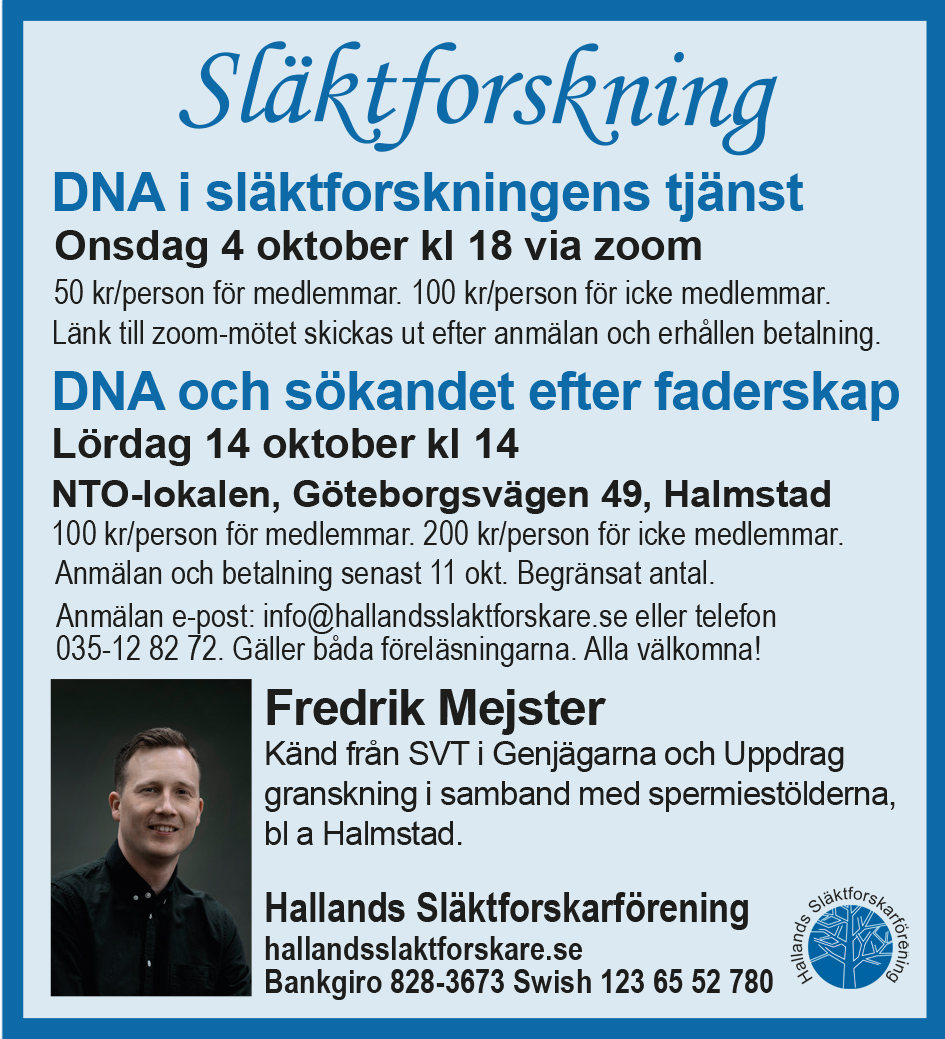 Bildbeskrivning saknas för evenemanget: Fredrik Mejster håller en Zoom föreläsning om DNA i släktforskningens tjänst